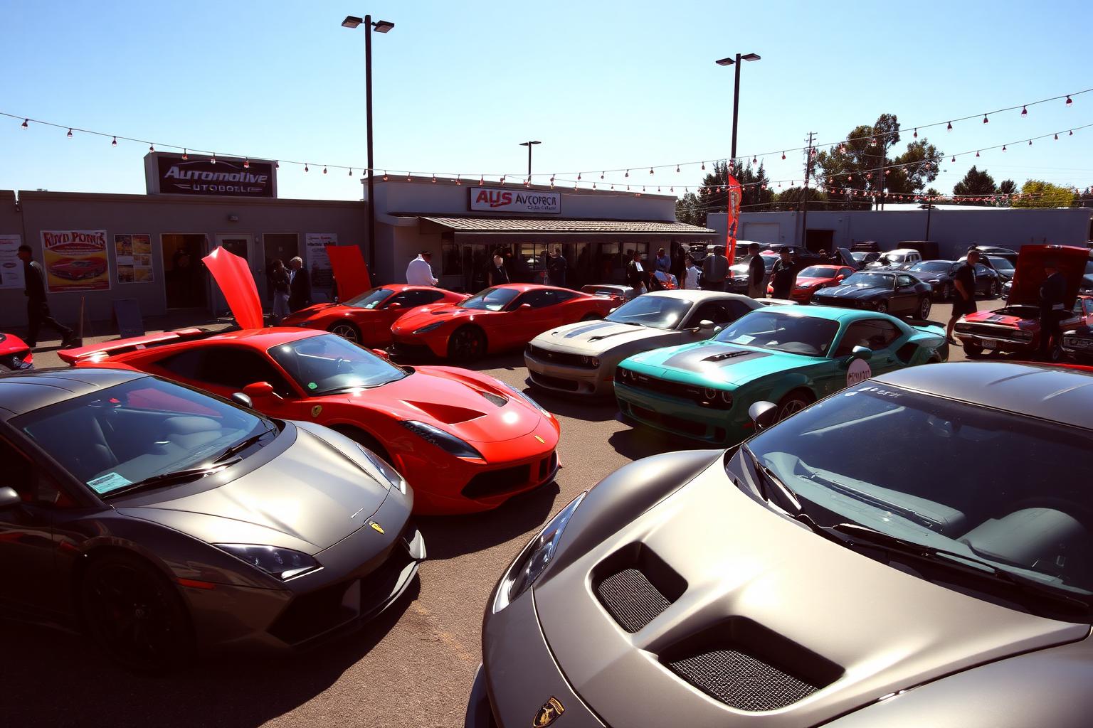 Exotic and muscle cars lined up at Tough Knuckles Automotive grand opening car show